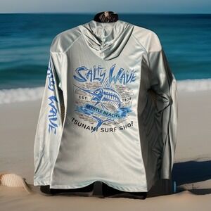 Salty Wave Hoodie Mens Large Myrtle Beach Tsunamis Surf Shop Mint Green UPF 50 +